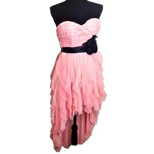 PINK ORGANZA HIGH-LOW PARTY DRESS W/ BLACK ROSETTE FLOWER WAIST BELT